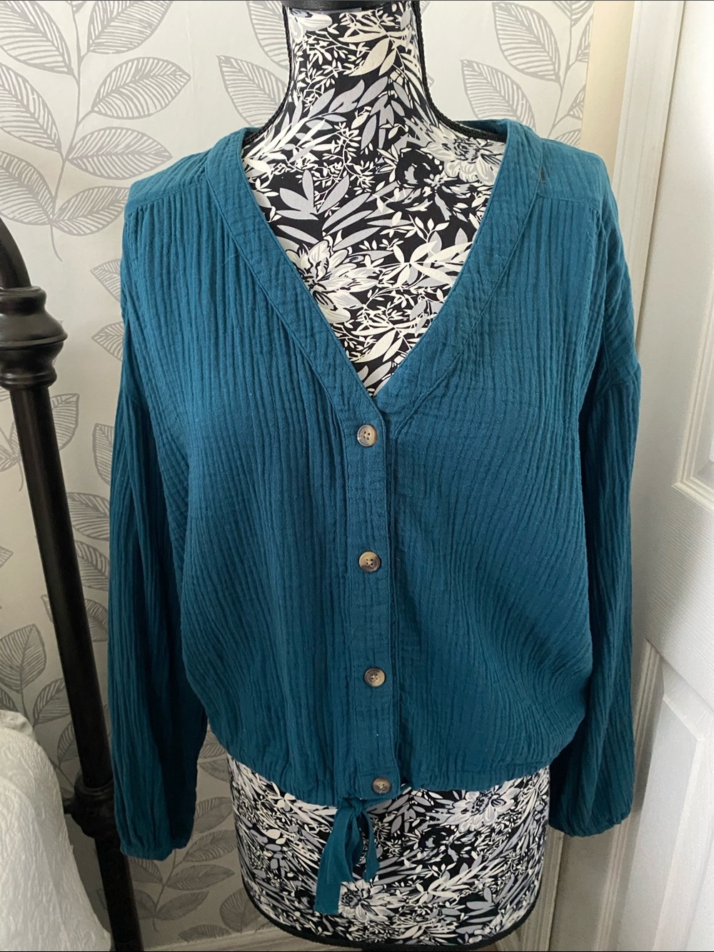 Supplies brand teal cotton gauze long sleeve button front shirt tie waist detail